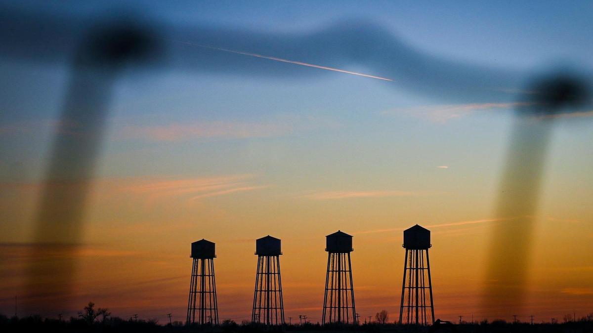 2023 file photo. Four iconic water towers remain standing at the site of the former Sunflower Army Ammunition Plant in De Soto, Kansas, seen on Jan. 23, 2023.
