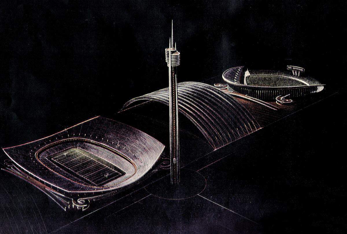 The original concept of the Truman Sports Complex includes two elements that weren’t built, a space needle topped by a restaurant and the rolling roof.