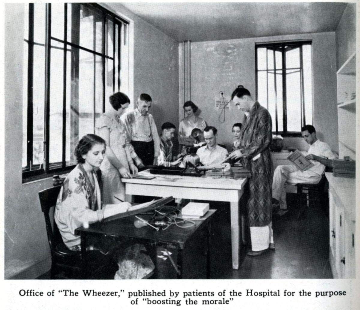 TB patients working on their newsletter, “The Wheezer.” Jackson County Medical Journal, Sept. 24, 1932.