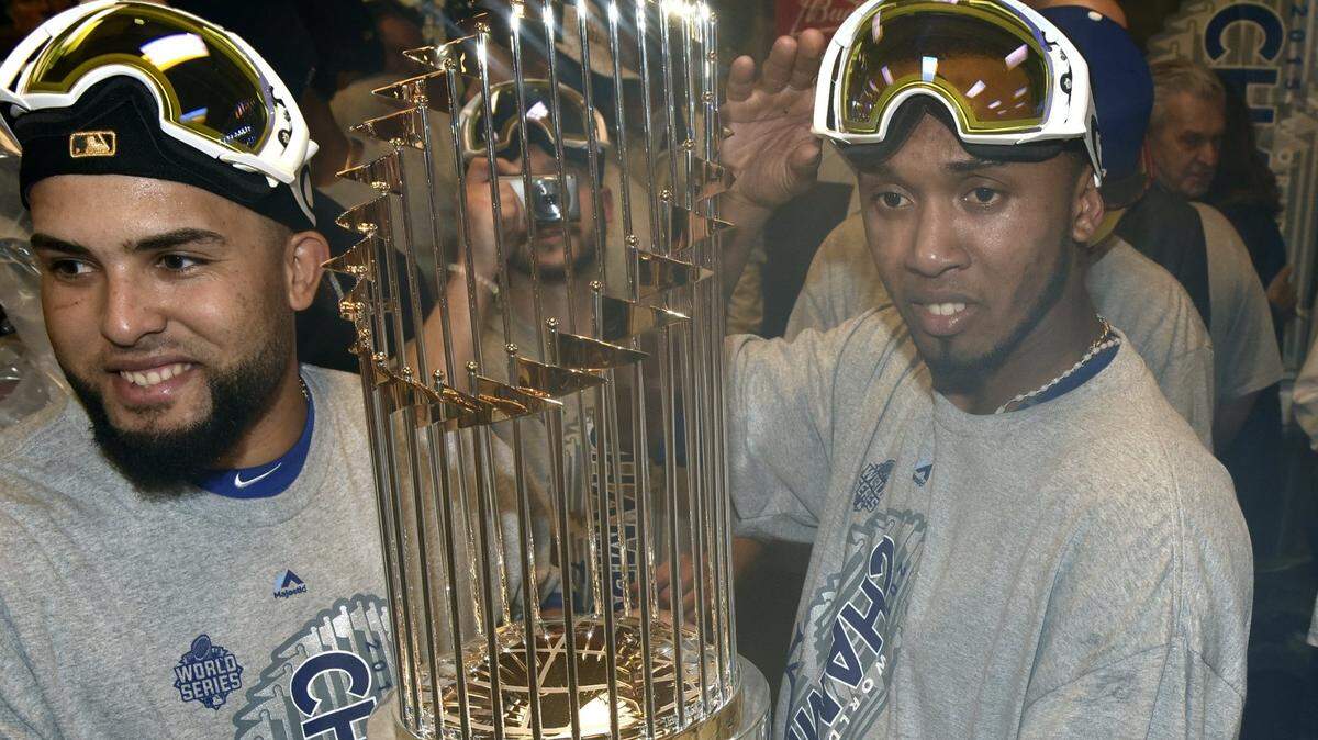 Kansas City Royals’ Kelvin Herrera and Alcides Escobar after Monday’s World Series baseball game against the New York Mets on November 2, 2015 at Citi Field in New York, NY.