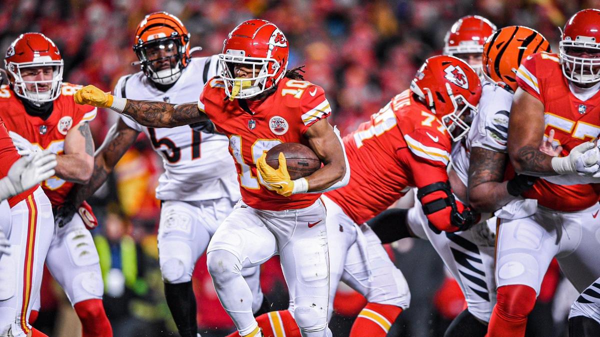 Kansas City Chiefs running back Isiah Pacheco runs for yardage in the first half against the Cincinnati Bengals during the AFC Championship Game Sunday, Jan. 29, 2023, at GEHA Field at Arrowhead Stadium.