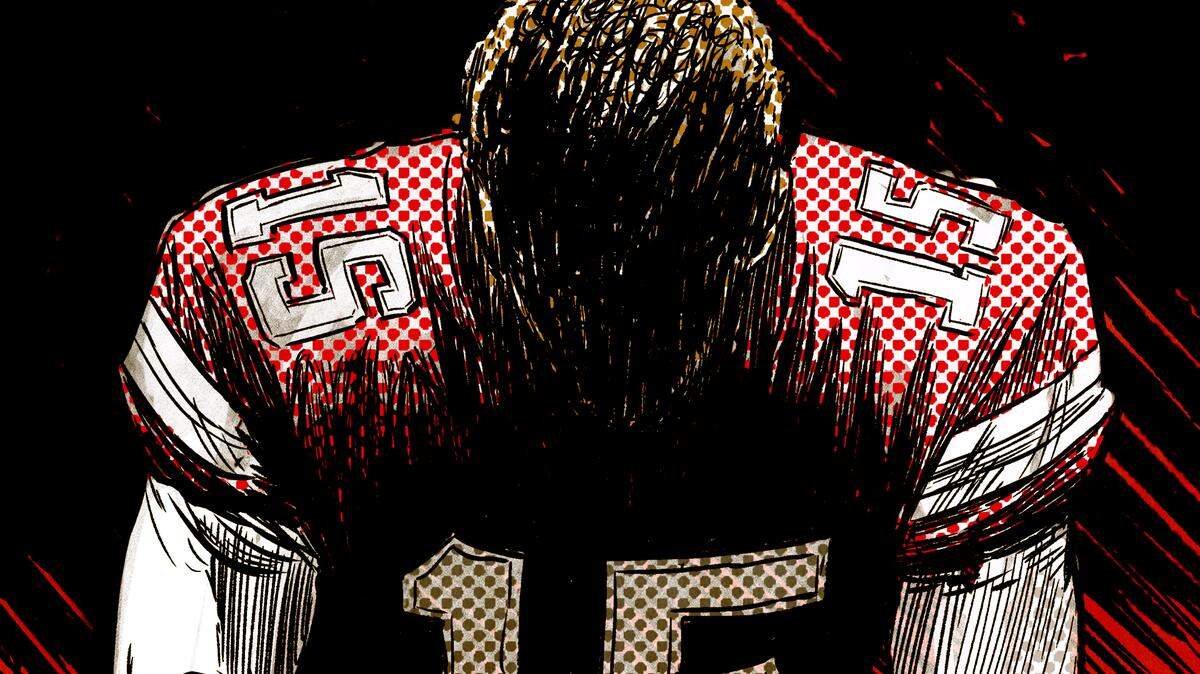 Illustration of Kansas City Chiefs Patrick Mahomes looking down.