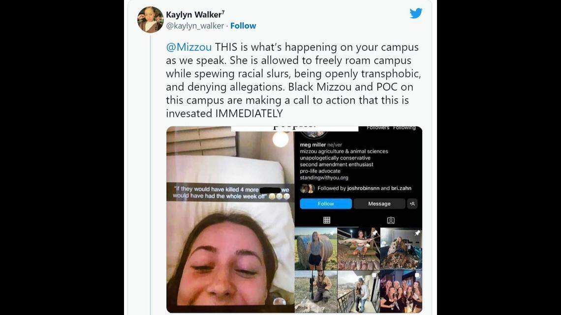 A University of Missouri student and right-wing club leader’s racist post has spread widely on social media, partly thanks to this tweet by another student, leading many to call on officials to expel her. The screenshot has been edited to redact a racial slur.