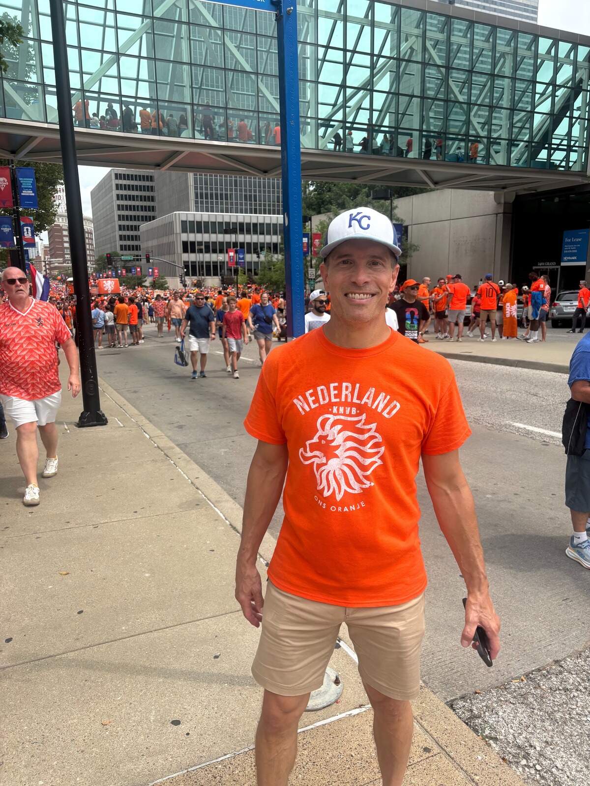 Mike Debus, from Kansas City, bought a Netherlands shirt on the internet last week so he could participate in the Oranje Fanwalk in downtown KC on Thursday, June 25, 2026.