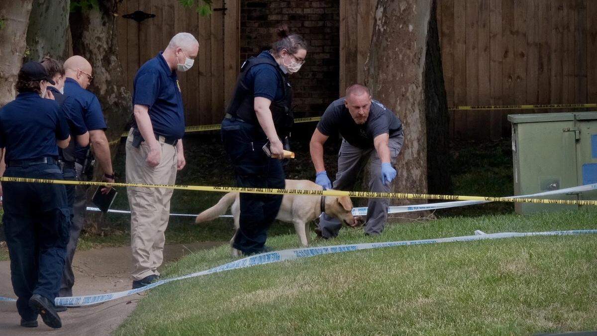 A police dog searches for evidence behind an apartment where a young boy was fatally shot early Monday, June 29, 2020, in the 1600 block of Bushman Road after shots were fired outside the building where he slept, police said.