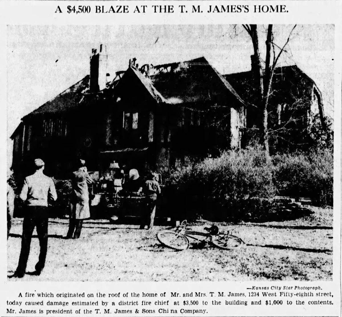 A 1936 newspaper clipping shows the home at 1234 W. 58th St. after a fire in the roof.