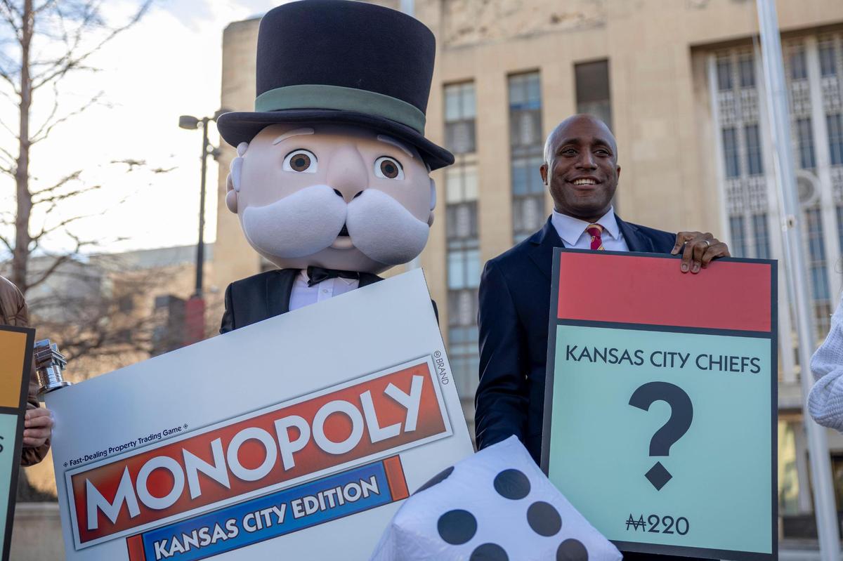 The Mr. Monopoly mascot joined Kansas City Mayor Quinton Lucas at a press conference to announce the new official KC-themed Monopoly game Monday at Ilus W. Davis Park downtown.