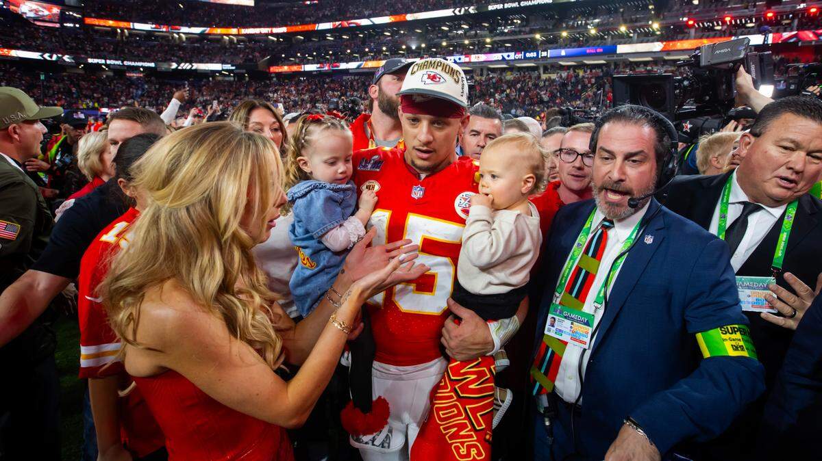 Kansas City Chiefs quarterback Patrick Mahomes celebrates with wife Brittany Mahomes, daughter Sterling Mahomes and son Patrick Mahomes after defeating the San Francisco 49ers in Super Bowl LVIII at Allegiant Stadium.