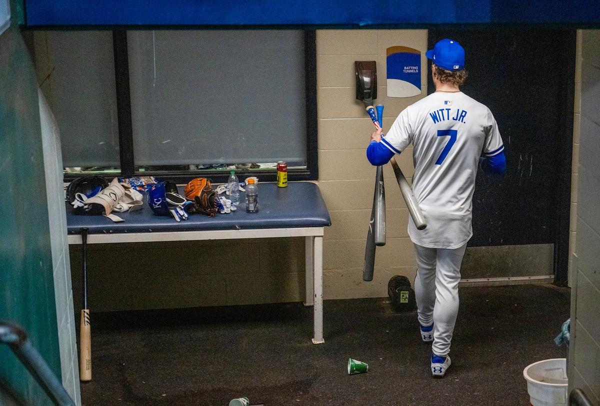 Kansas City Royals shortstop Bobby Witt Jr. (7) heads to the locker room after the Yankees defeated the Royals 3-1 during Game 4 of the American League Division Series on Thursday, Oct. 10, 2024, at Kauffman Stadium.