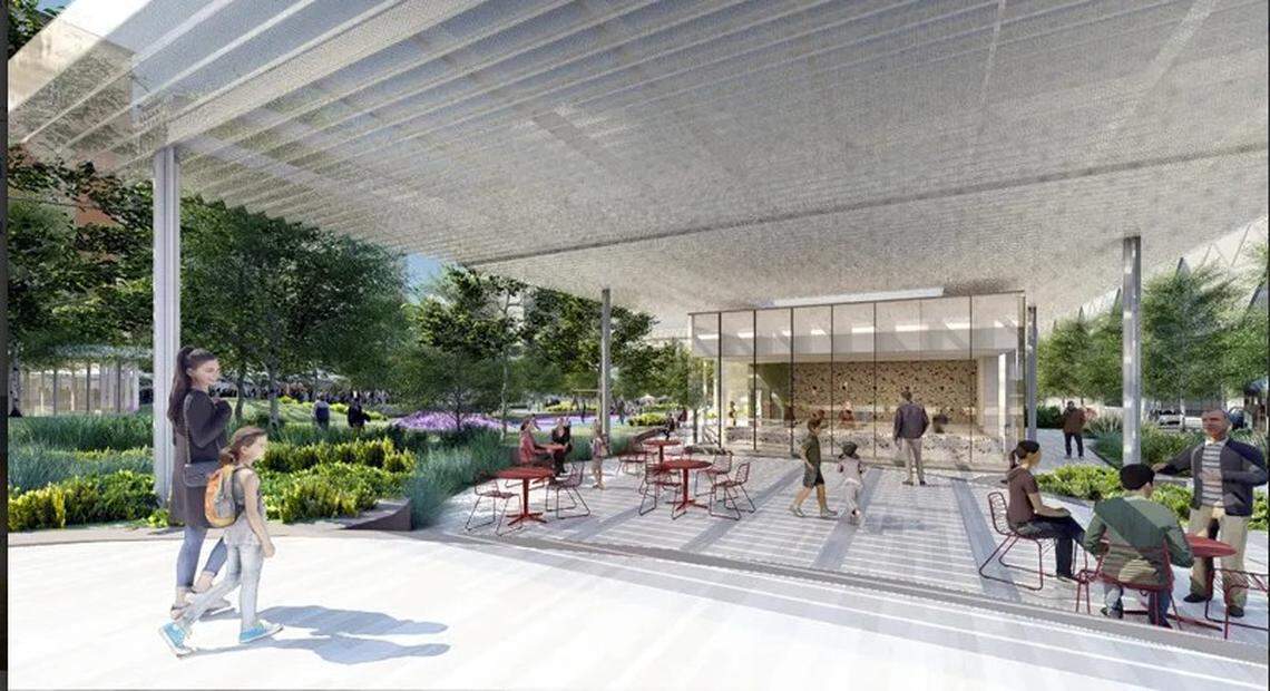 A rendering of the 2,000-sqaure-foot pavillion to be located in the northwest corner of the new Barney Allis Plaza. It is to include a 4,000-square-foot shade canopy and food and beverage service from a tenant yet to be identified.