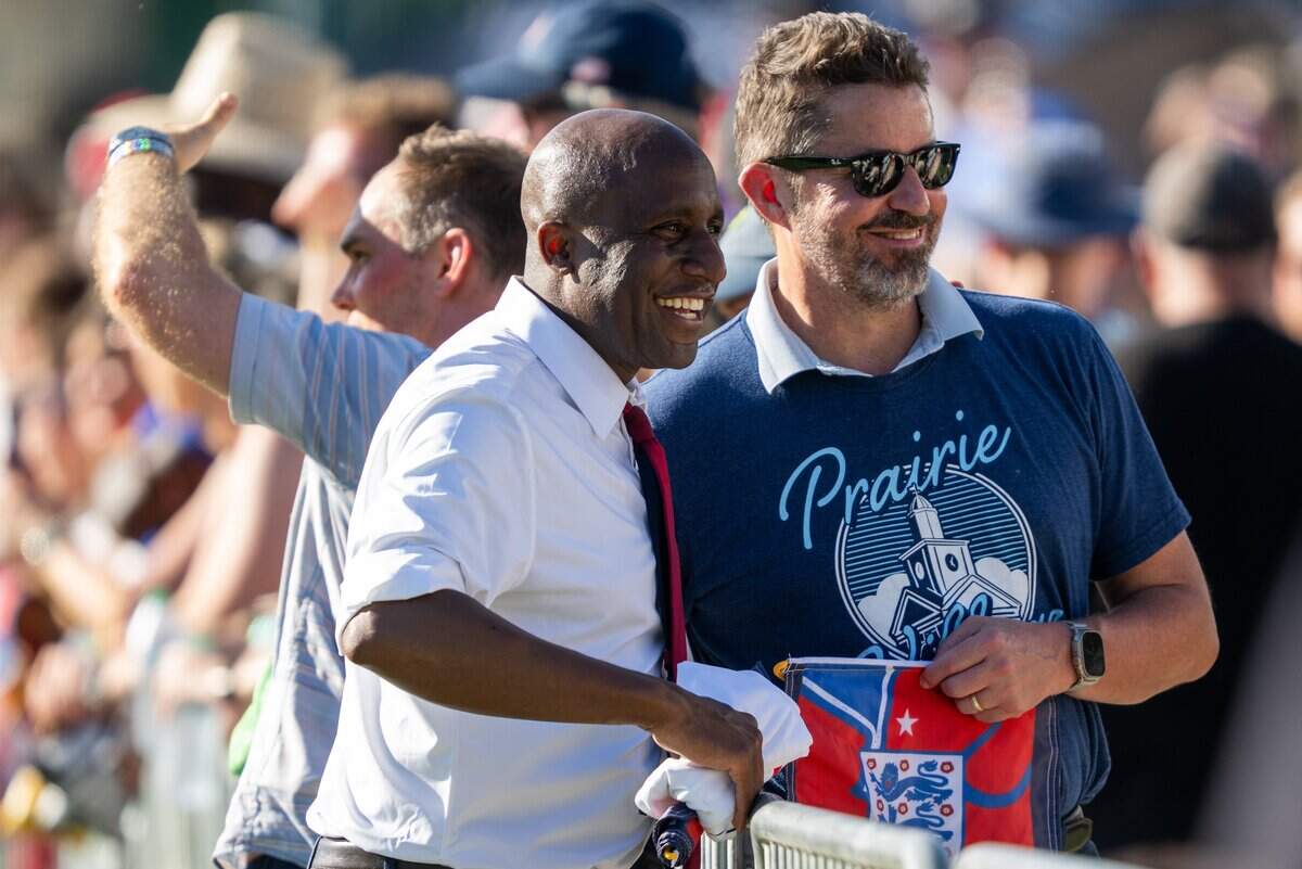 Mayor Quinton Lucas welcomes England's national team to Swope Soccer Village, Saturday, June 13, 2026, in Kansas City. The team will call Prairie Village home during the World Cup.
