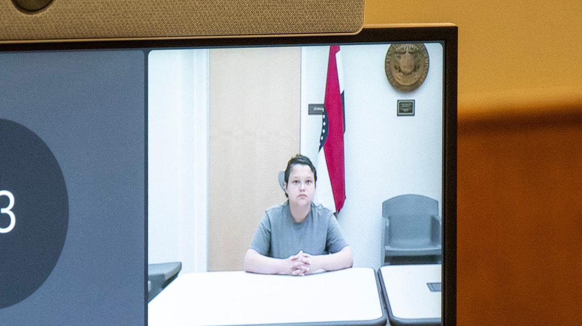 Tasha Haefs appears in court via video during an arraignment at the Jackson County Community Justice Complex on Monday, April 29, 2024, in Kansas City.