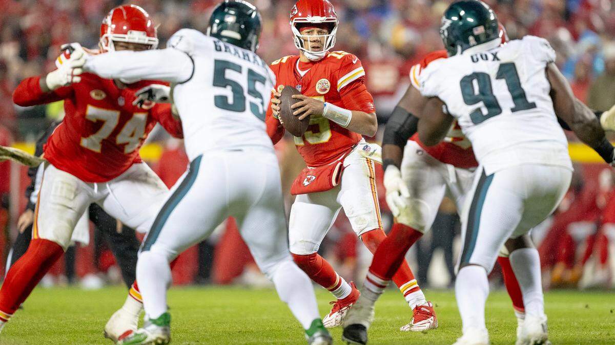 Kansas City Chiefs quarterback Patrick Mahomes (15) looks for an open receiver against the Philadelphia Eagles during an NFL football game on Monday, Nov. 20, 2023, at GEHA Field at Arrowhead Stadium in Kansas City.