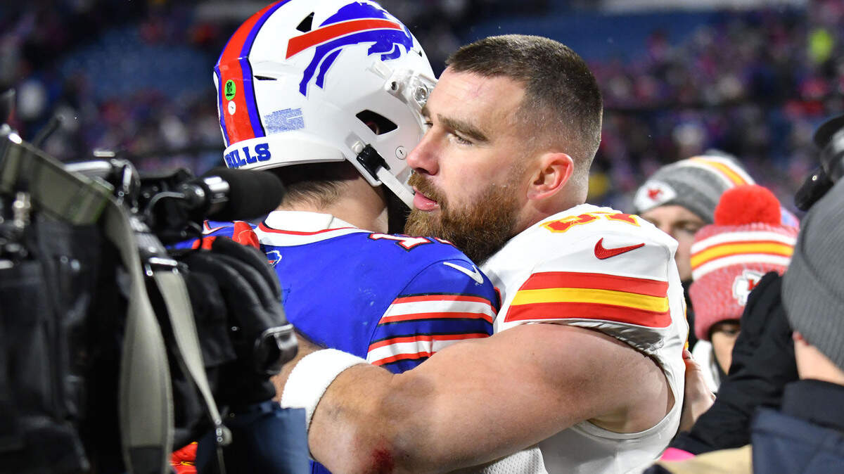 Kansas City Chiefs tight end Travis Kelce spoke with Buffalo Bills quarterback Josh Allen after the 2024 AFC divisional round game at Highmark Stadium.