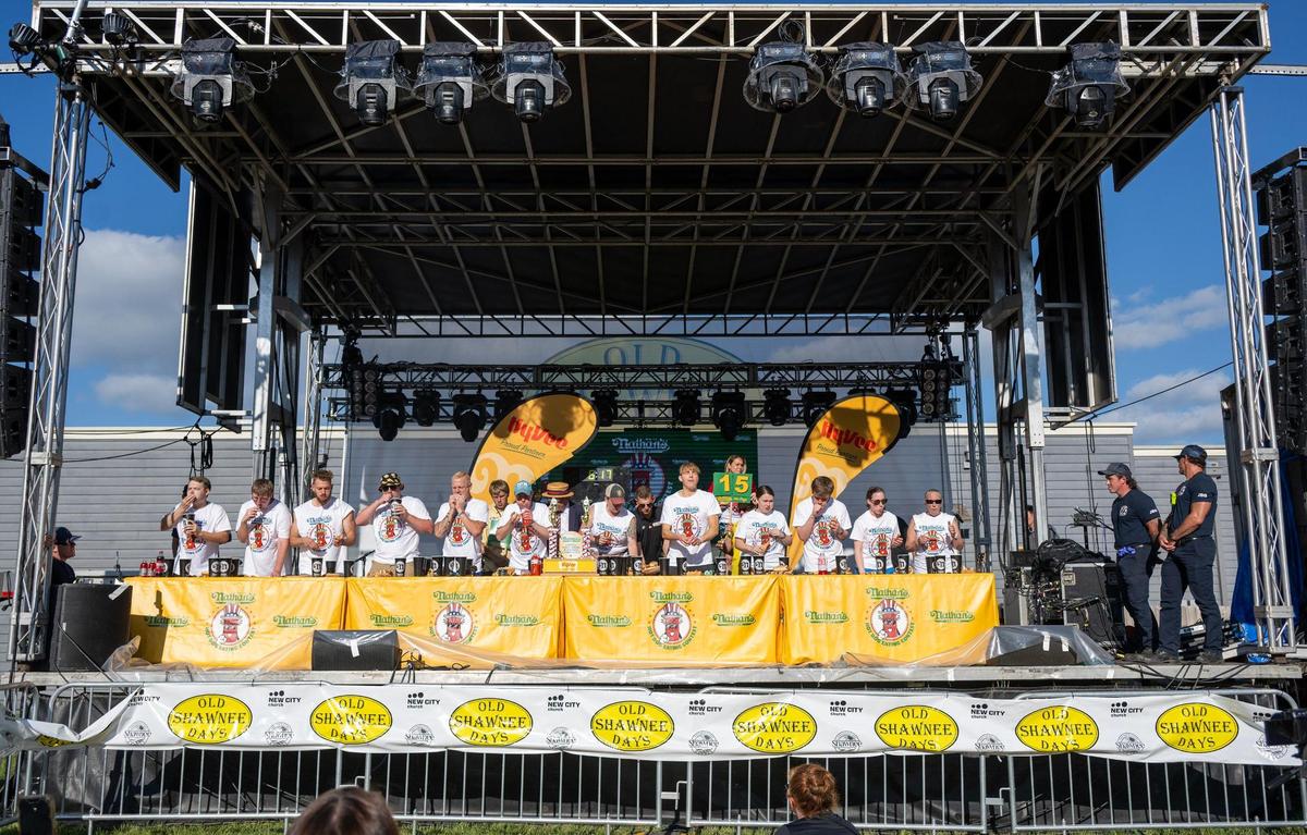 Emergency personnel stood by as Nathan’s Famous Hot Dog Eating Contest was underway on the main stage where contestants had 10 minutes to eat as many hot dogs at possible at Old Shawnee Days on Saturday, June 7, 2025, in Shawnee.