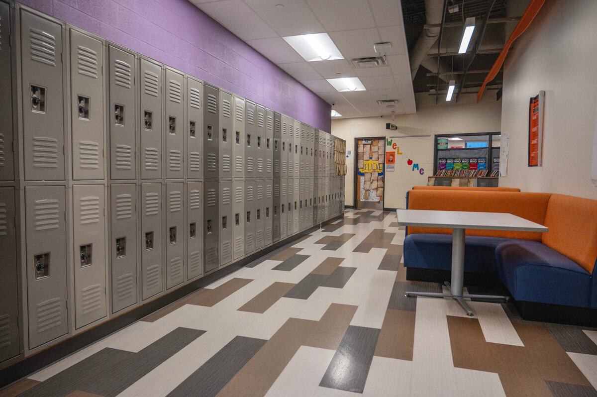 Lockers and a seating area is seen at Gloria Willis Middle School on Tuesday, April 16, 2024, in Kansas City, Kansas.