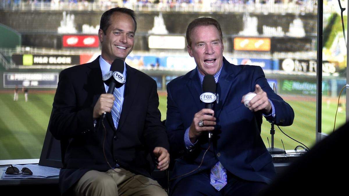 During non-pandemic times, Royals broadcasters Ryan Lefebvre, left, and Rex Hudler would be broadcasting on the road with the Royals. But because of coronavirus concerns, they and the rest of the KC broadcast team are instead doing so from Kauffman Stadium (though this is a file photo from several years ago), or, in the case of Denny Matthews, from home.