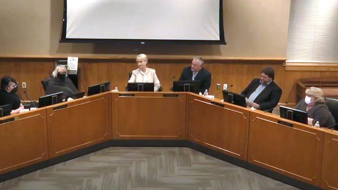 The Gardner Edgerton school board in Johnson County, seen in this screenshot from a board meeting streamed on YouTube, has been shrouded in controversy, leading a board member to resign.