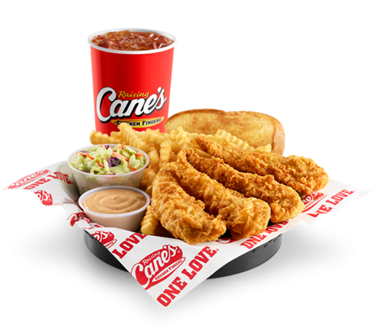 Raising Cane’s “The Box Combo” comes with four chicken fingers, crinkle-cut fries, Cane’s sauce, Texas Toast, coleslaw and a 22 oz. soft drink.
