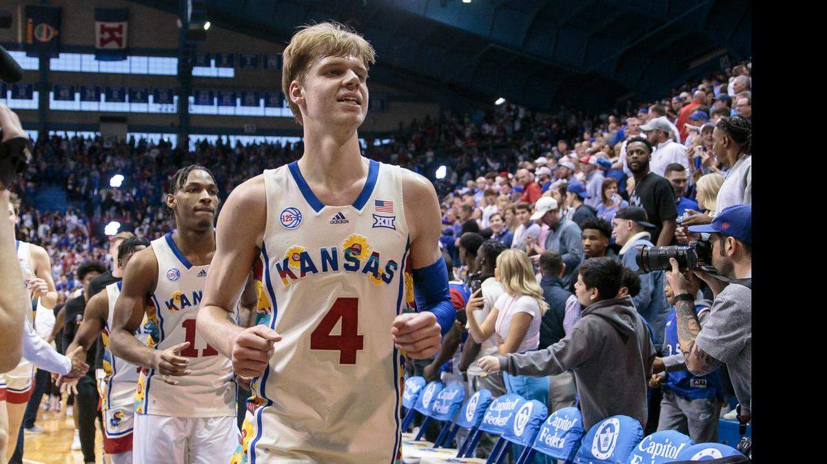 Kansas Jayhawks guard Gradey Dick (4) heads off court after a game against the Baylor Bears at Allen Fieldhouse on Feb. 18, 2023.