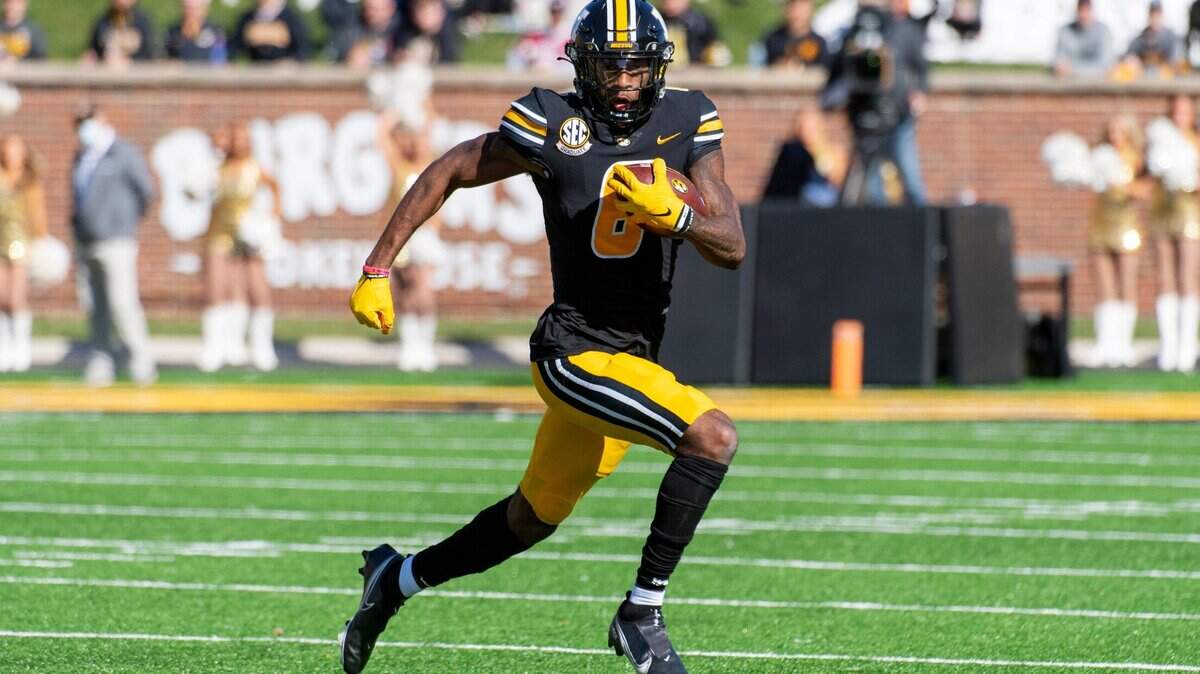 Missouri wide receiver Keke Chism runs the ball during the first quarter of an NCAA college football game against Texas A&M Saturday, Oct. 16, 2021, in Columbia, Mo. (AP Photo/L.G. Patterson)