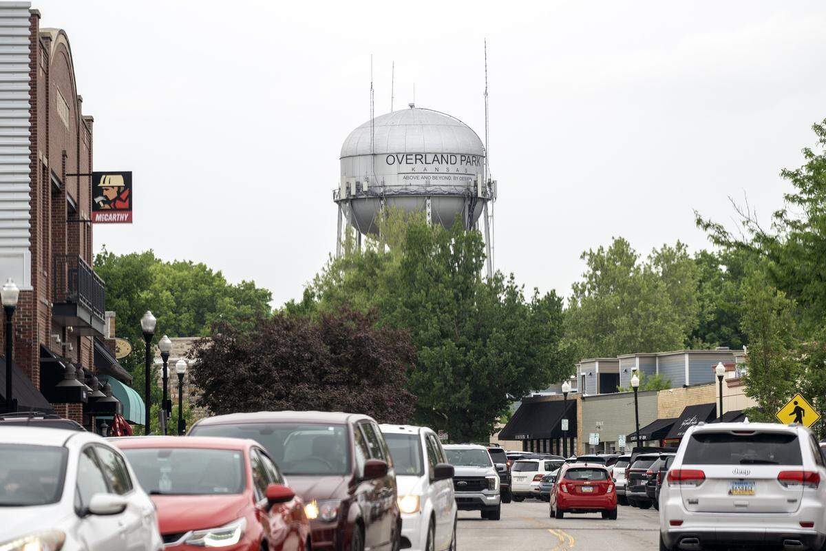 The Overland Park water tower is seen from 80th Street on Friday, May 8, 2026, in Overland Park.