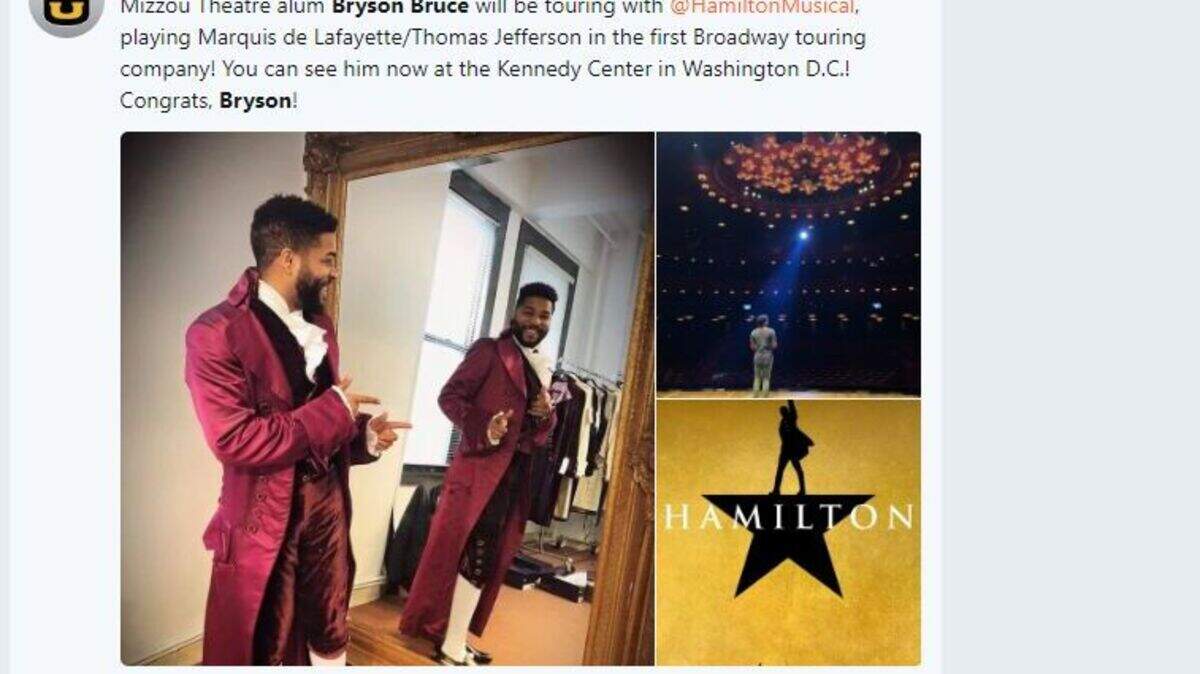 University of Missouri graduate Bryson Bruce is starring in the national tour of "Hamilton: The American Musical."
