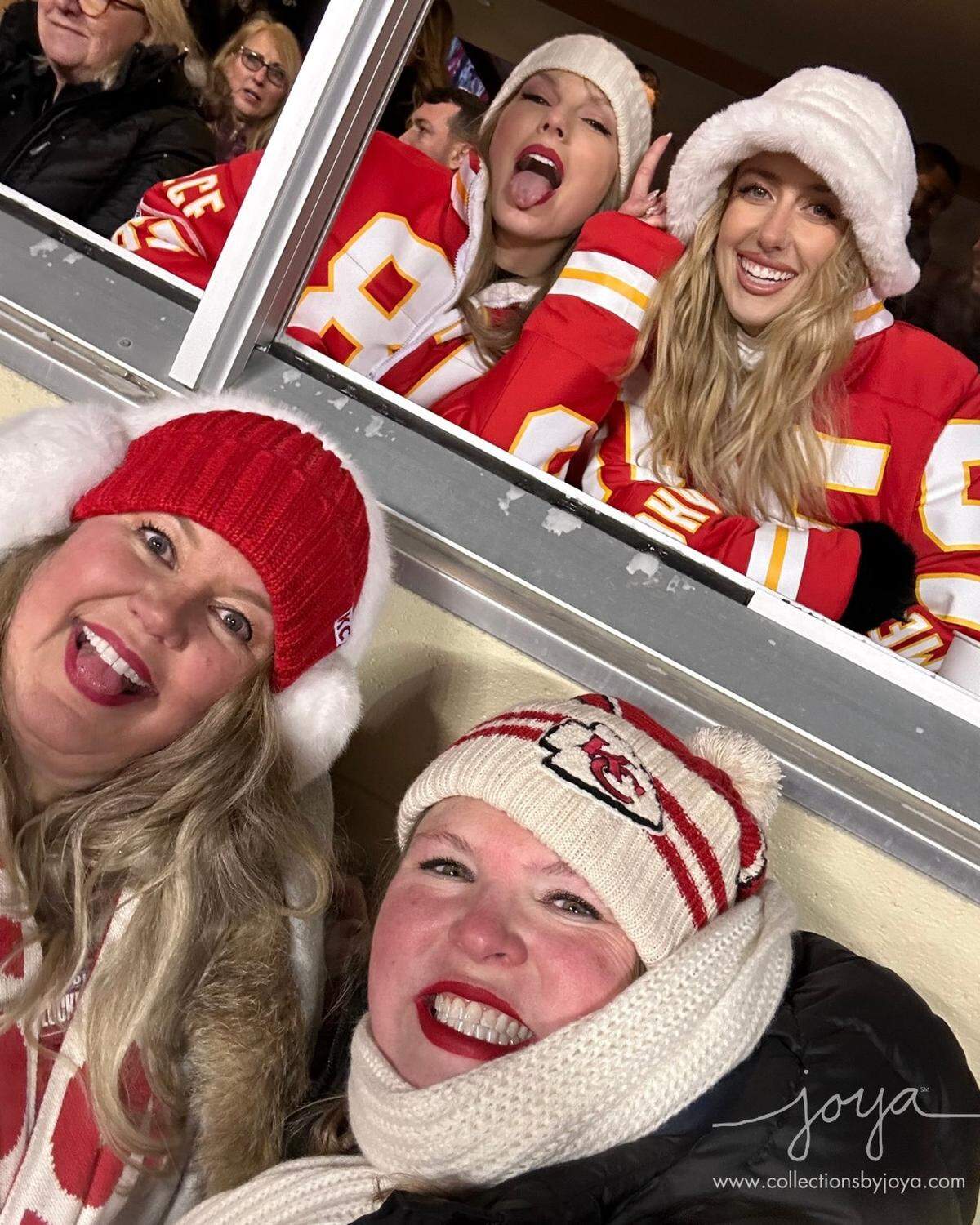 Beth Vancil (left) and Betsy Nacrelli took a picture with Taylor Swift and Brittany Mahomes on Saturday.