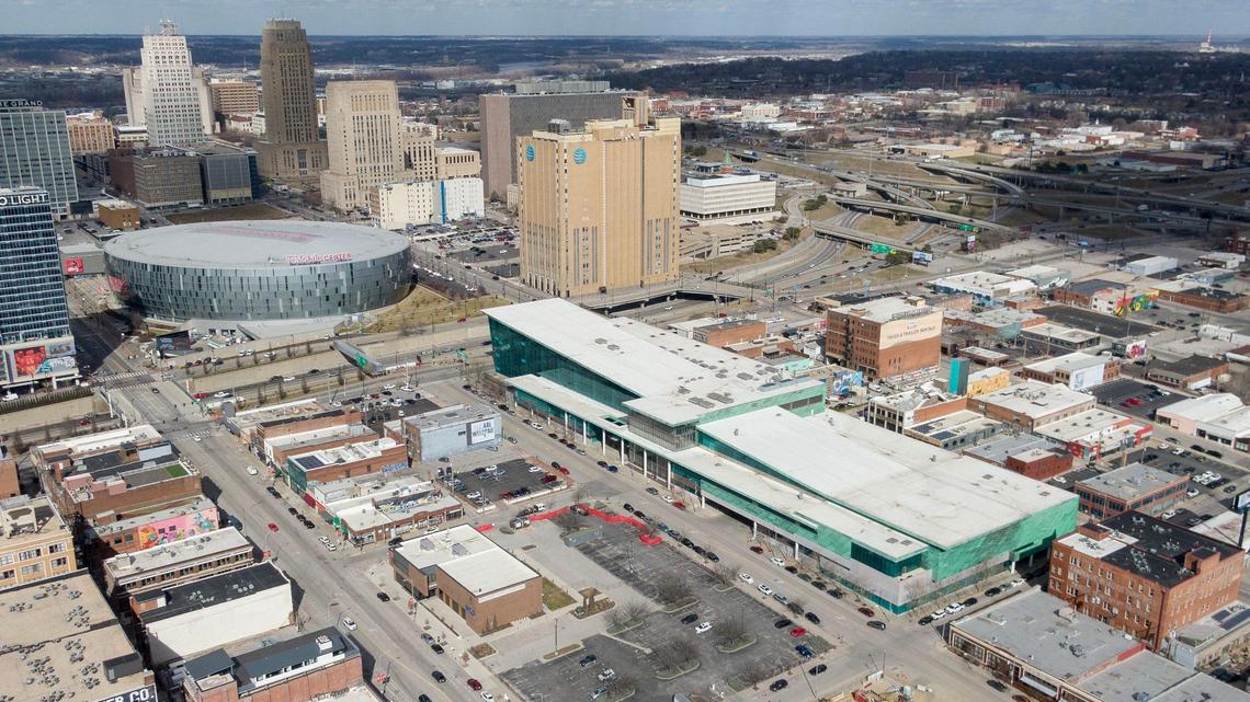 The proposed site of the Kansas City Royals’ new ballpark, seen here on Friday, Feb. 23, 2024, is bounded by Interstate 670 to the north, 17th Street to the south, Grand Boulevard to the west and Locust Street to the east.