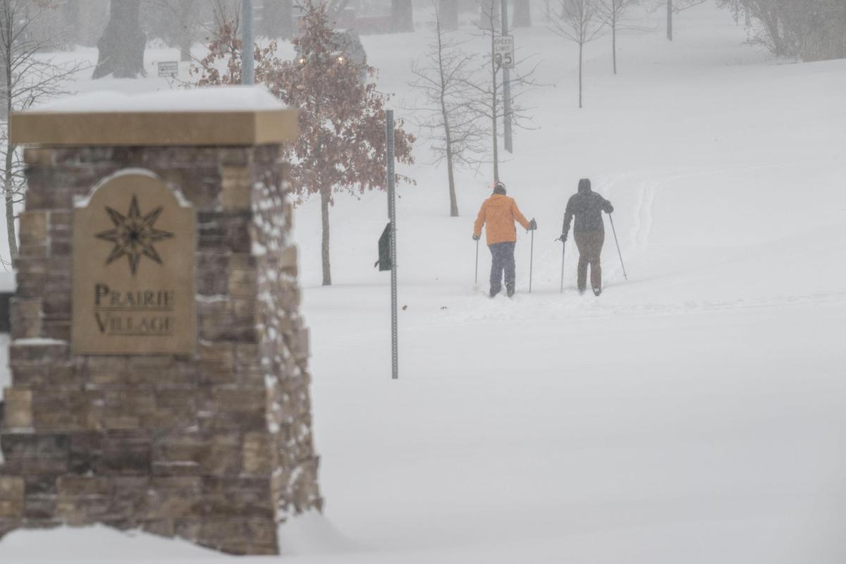 Two women do some ‘cross country’ skiing at Wassmer Park in Prairie Village on Sunday, Jan. 5, 2025.