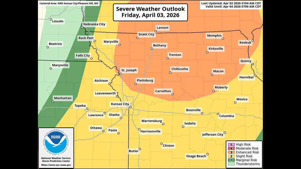 The National Weather Service’s Storm Prediction Center has placed parts of the Kansas City area under a slight risk of severe weather Friday afternoon and evening, Level 2 of 5. Areas northeast of the metro are under an enhanced risk (Level 3).