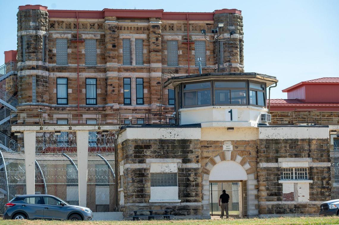 A guard turret sits on top of one of the entrances to the decommissioned Lansing Correctional Facility.