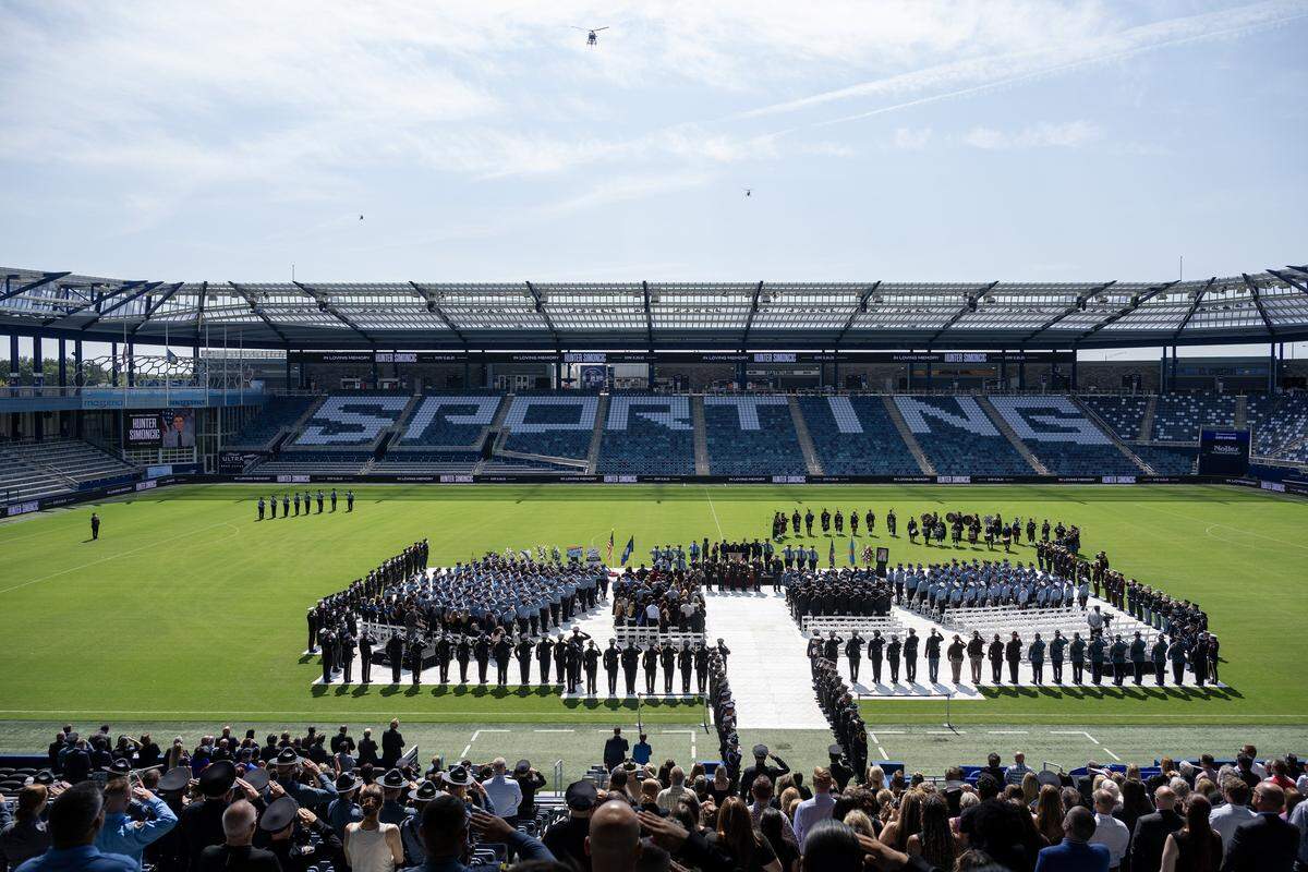 A flyover is seen at Children's Mercy Park following Officer Hunter Simoncic's funeral service on Wednesday, Sept. 3, 2025, in Kansas City, Kansas. Simoncic was killed Aug. 26 after being struck by a fleeing driver while deploying stop sticks.
