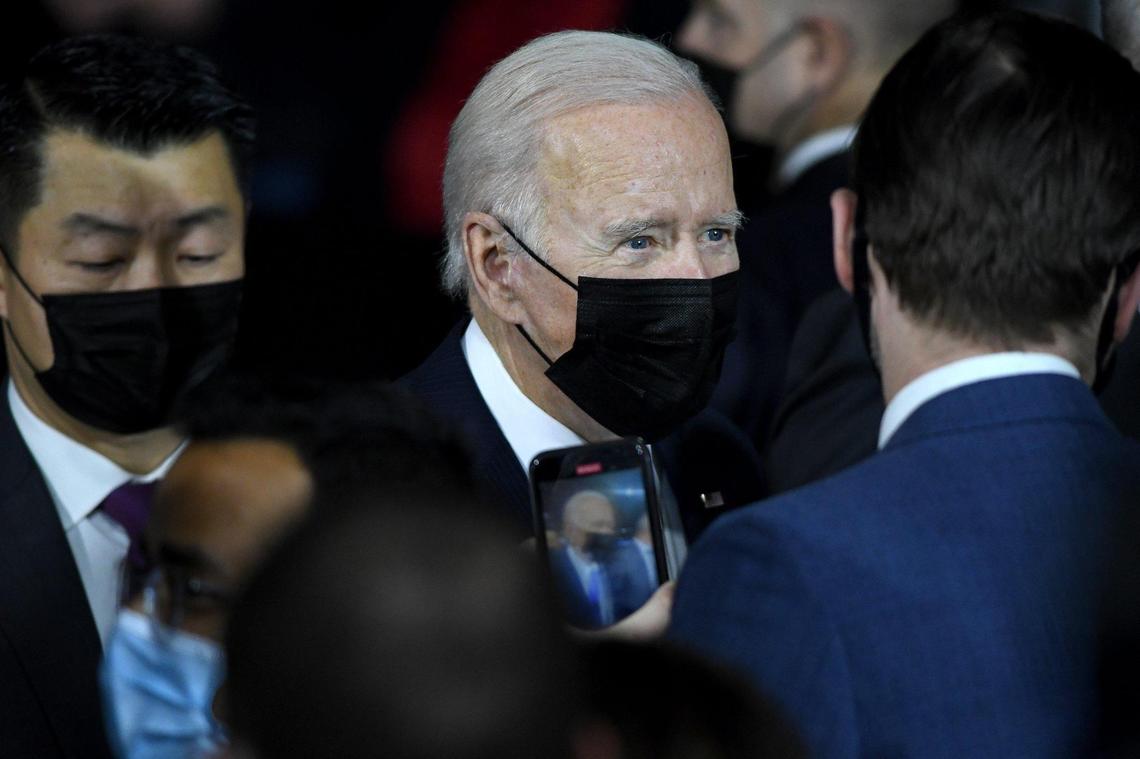 President Joe Biden greets guests after making remarks in Kansas City Wednesday, Dec. 8, 2021. Biden visited the Kansas City Area Transportation Authority to tout the new infrastructure law.