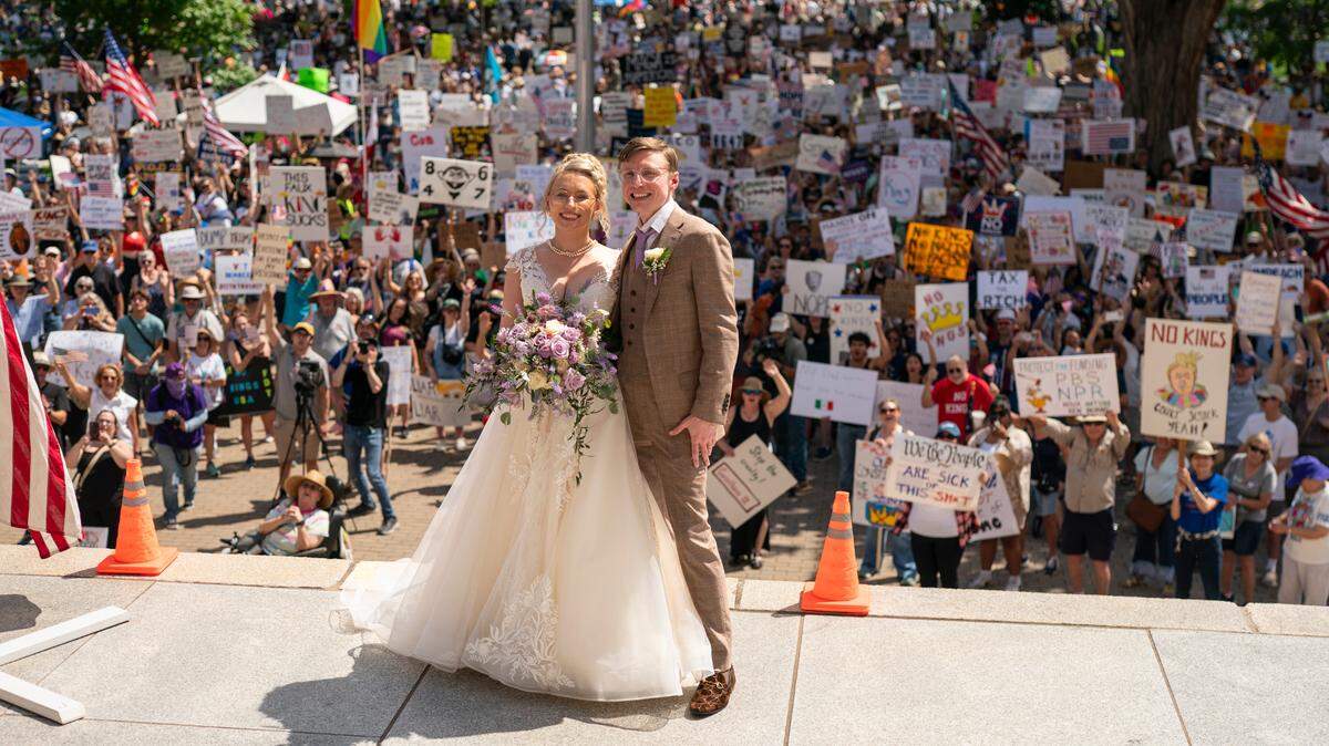 Davis Hammet and Melissa Stiehler were married on June 14, a day of national protest against President Donald Trump’s administration.