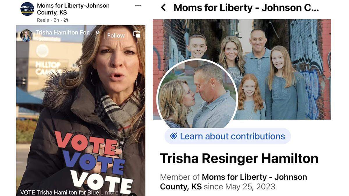 Blue Valley school board candidate Trisha Hamilton is associated with the Johnson County chapter of Moms for Liberty, which promotes her campaign in social media.