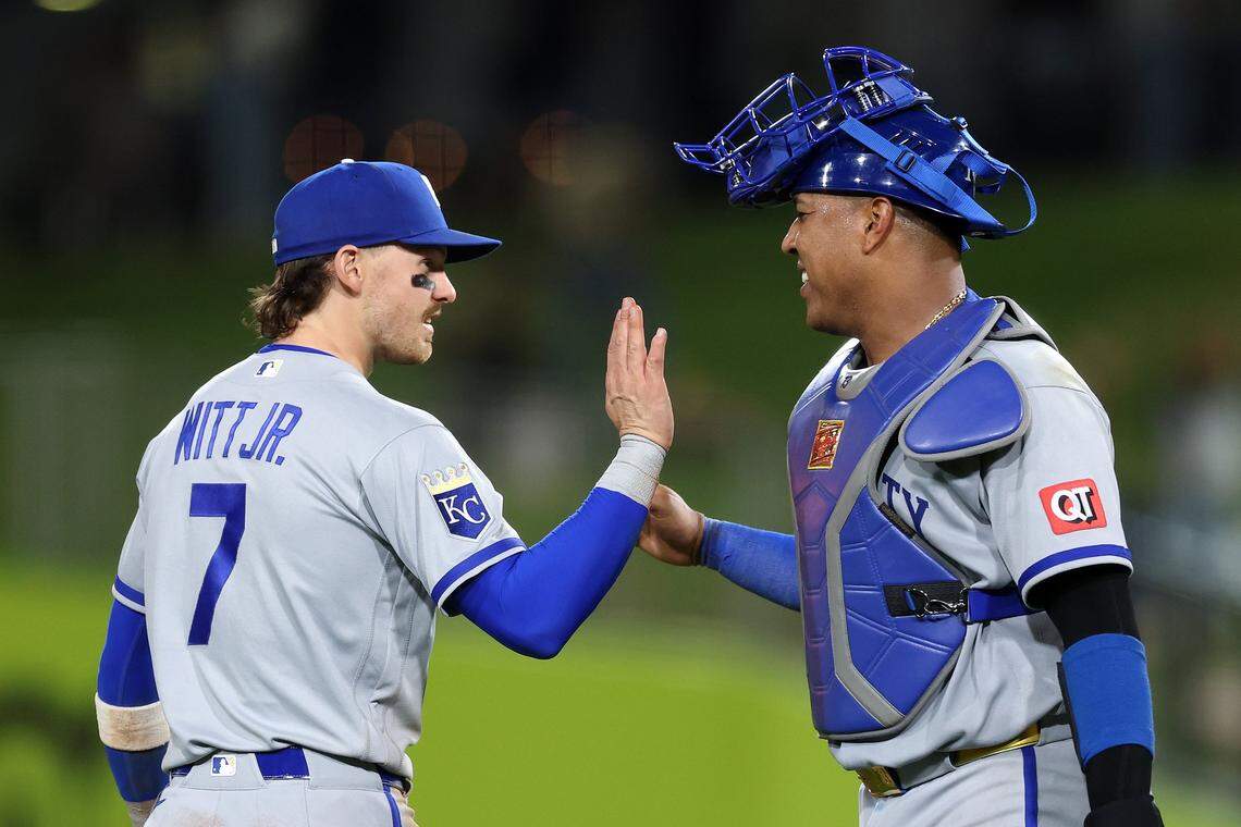SACRAMENTO, CALIFORNIA - APRIL 28: Bobby Witt Jr. #7 of the Kansas City Royals celebrates with Salvador Perez #13 after they beat the Athletics at Sutter Health Park on April 28, 2026 in Sacramento, California. (Photo by Ezra Shaw/Getty Images)