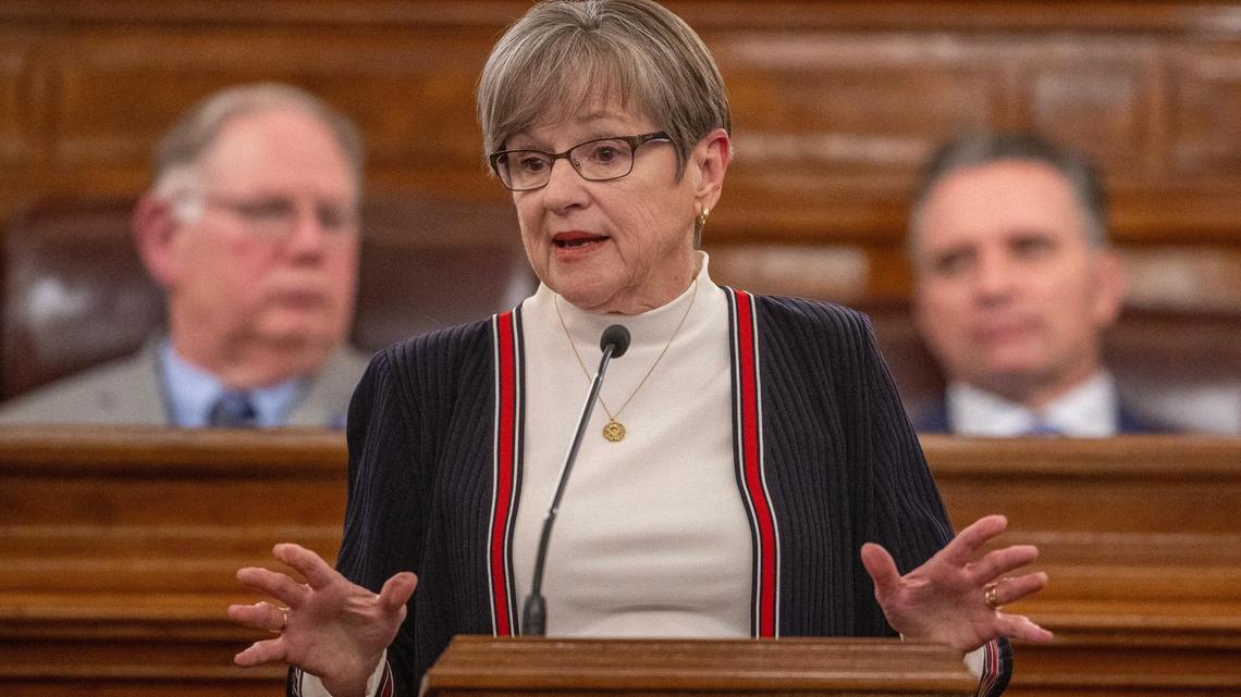 Kansas Governor Laura Kelly speaks during the State of the State address at the Kansas State Capital on Wednesday, Jan. 10, 2024, in Topeka, Kansas.