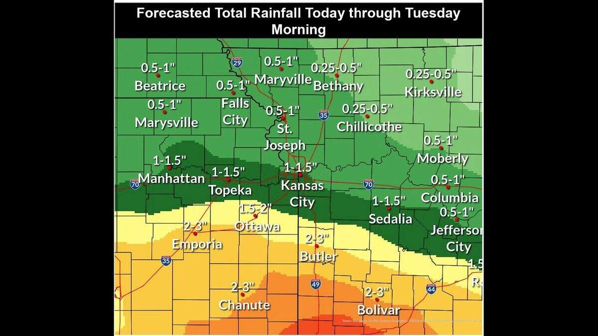 Multiple rounds of showers and thunderstorms are expected in the Kansas City area over the holiday weekend, according to the National Weather Service. The heaviest rains have shifted to the south, but the metro is expected to have as much as 1.5 inches of rain by Tuesday morning.