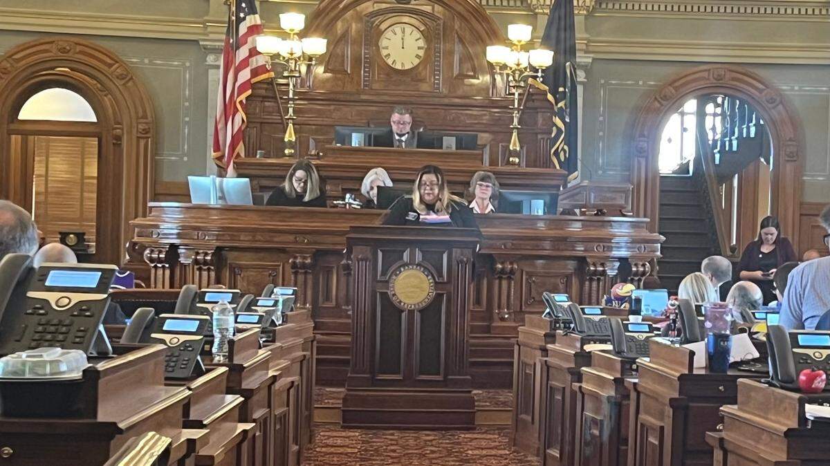 Rep. Heather Meyer, an Overland Park Democrat, speaks on the House floor against a bill banning gender affirming care for trans youth.