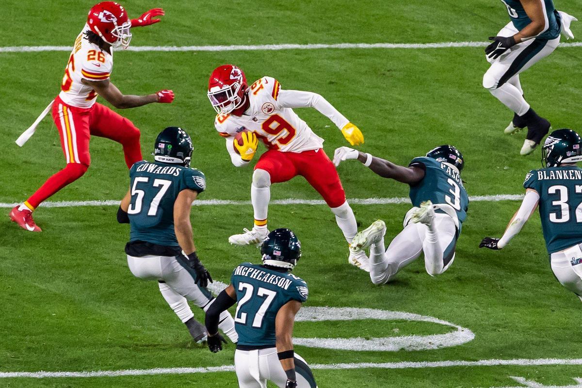 Kansas City Chiefs wide receiver Kadarius Toney (19) attempts to maneuver past Philadelphia Eagles defenders during Super Bowl LVII on Sunday, Feb. 12, 2023, in Glendale, Ariz.