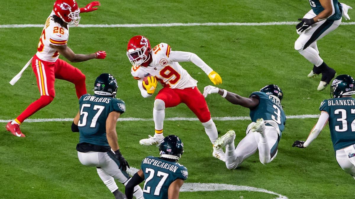 Kansas City Chiefs wide receiver Kadarius Toney (19) attempts to maneuver past Philadelphia Eagles defenders during Super Bowl LVII on Sunday, Feb. 12, 2023, in Glendale, Arizona.
