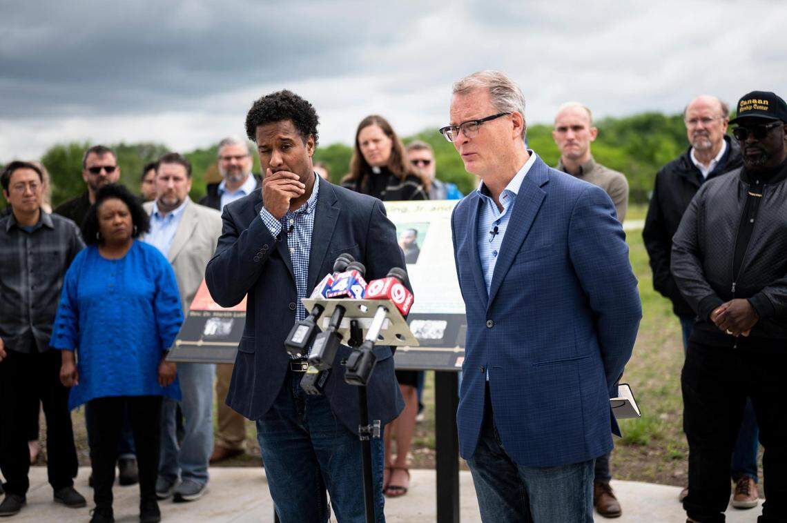 The Rev. Emanuel Cleaver III, left, senior pastor of the St. James United Methodist Church in Kansas City and Rev. Adam Hamilton, senior pastor at the United Methodist Church of the Resurrection, in Leawood were part of a group of local faith leaders who spoke at a news conference on gun violence at Martin Luther King Jr. Park.