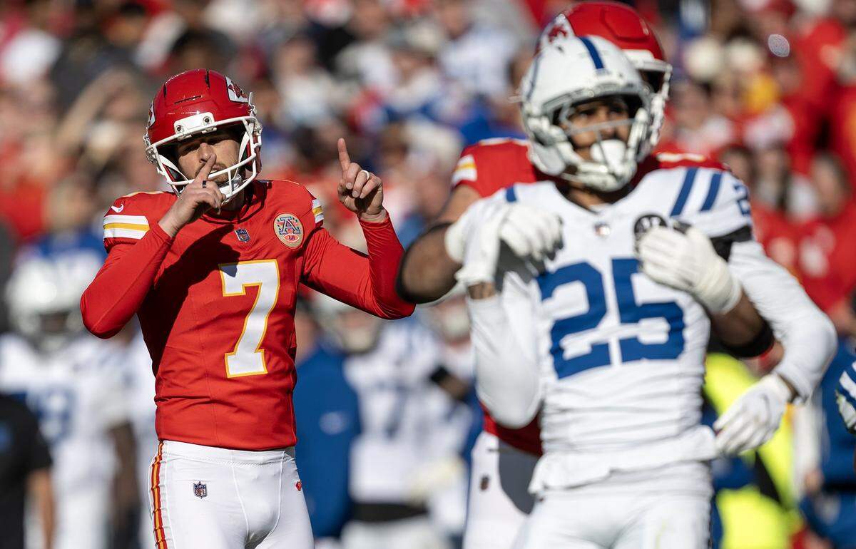 Chiefs kicker Harrison Butker (No. 7) celebrates a bit after converting a field goal against the Indianapolis Colts during an NFL Week 12 game at GEHA Field at Arrowhead Stadium in Kansas City on Sunday, Nov. 23, 2025.