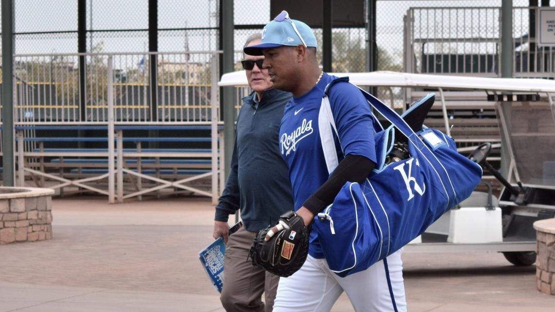 Kansas City Royals special adviser to the general manager Ned Yost walks with Royals catcher Salvador Perez toward the back fields during spring training in Surprise, Arizona on Wednesday, Feb. 12, 2025.