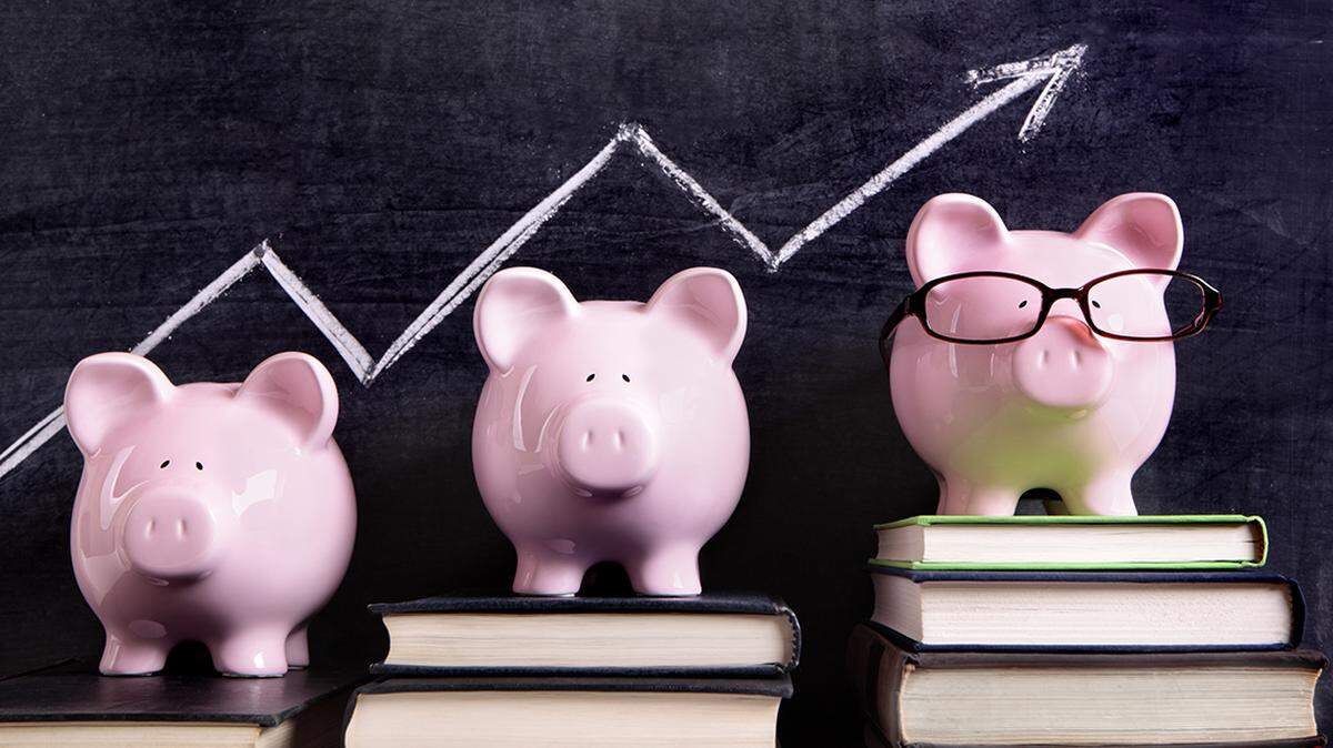Three pink piggy banks standing on books next to a blackboard with simple savings progress chart. Sharp focus on the piggy banks.
** Note: Shallow depth of field money school cost public education expense tax levy 