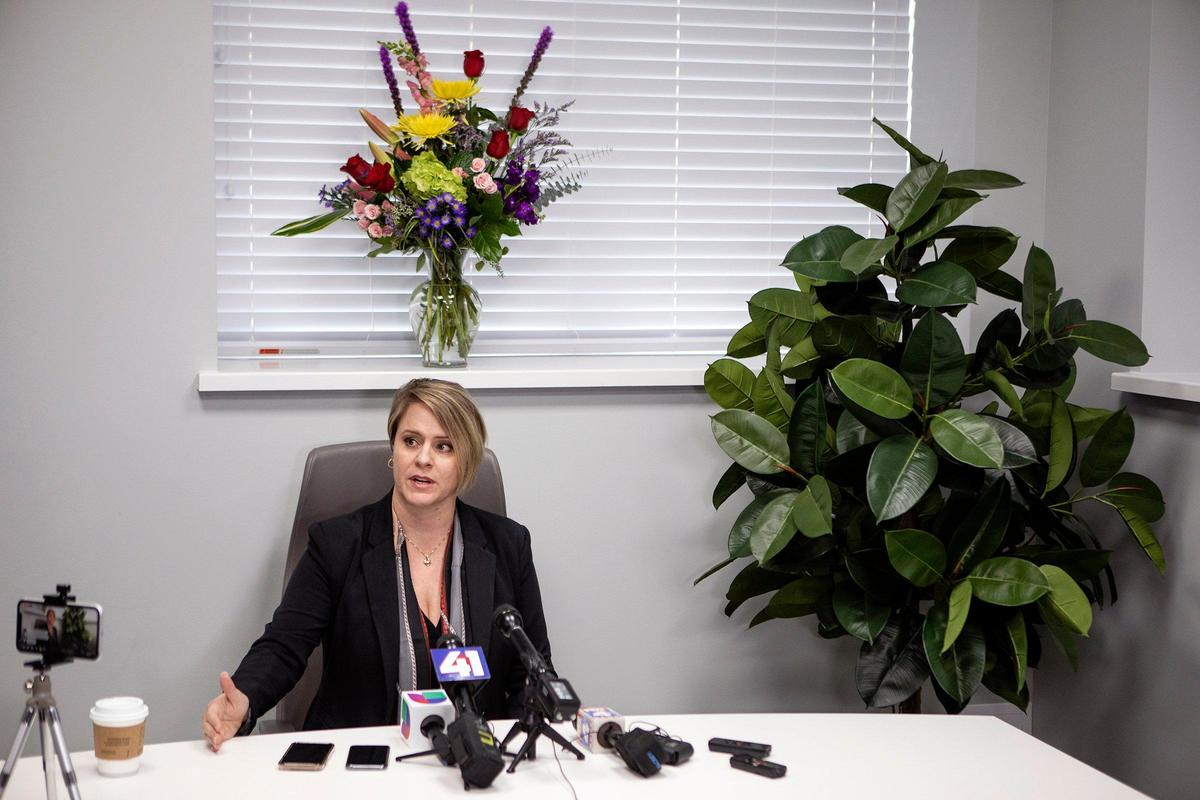 Denise LeBaron-Ramos, an immigration attorney in Kansas City, Kansas, speaks Tuesday, Nov. 5, 2019, after her family members were killed apparently in a drug cartel attack in Mexico.
