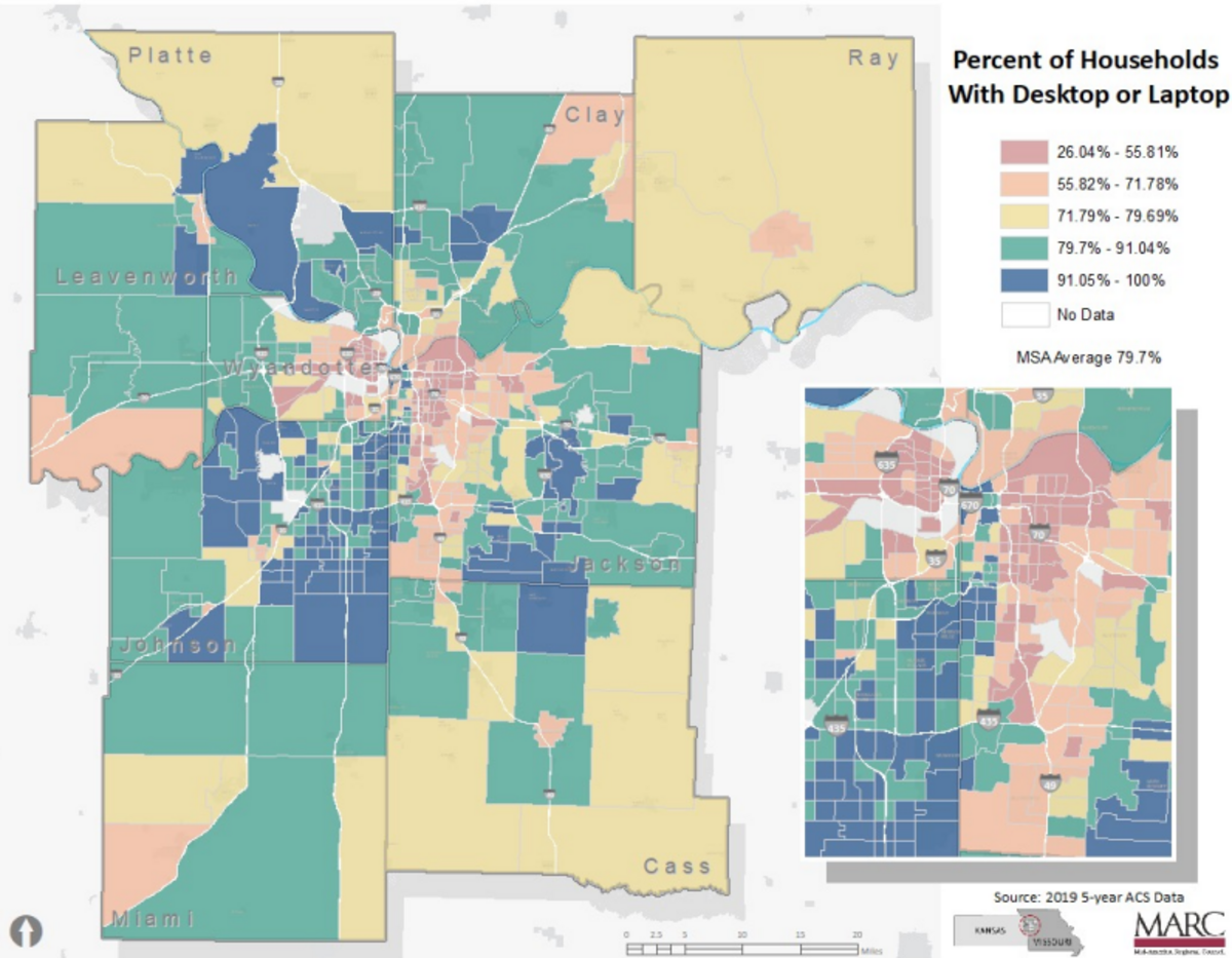 This map uses 2019 American Community Survey data to show the rates of home computer ownership across the 9-county area covered by the Mid-America Regional Council.