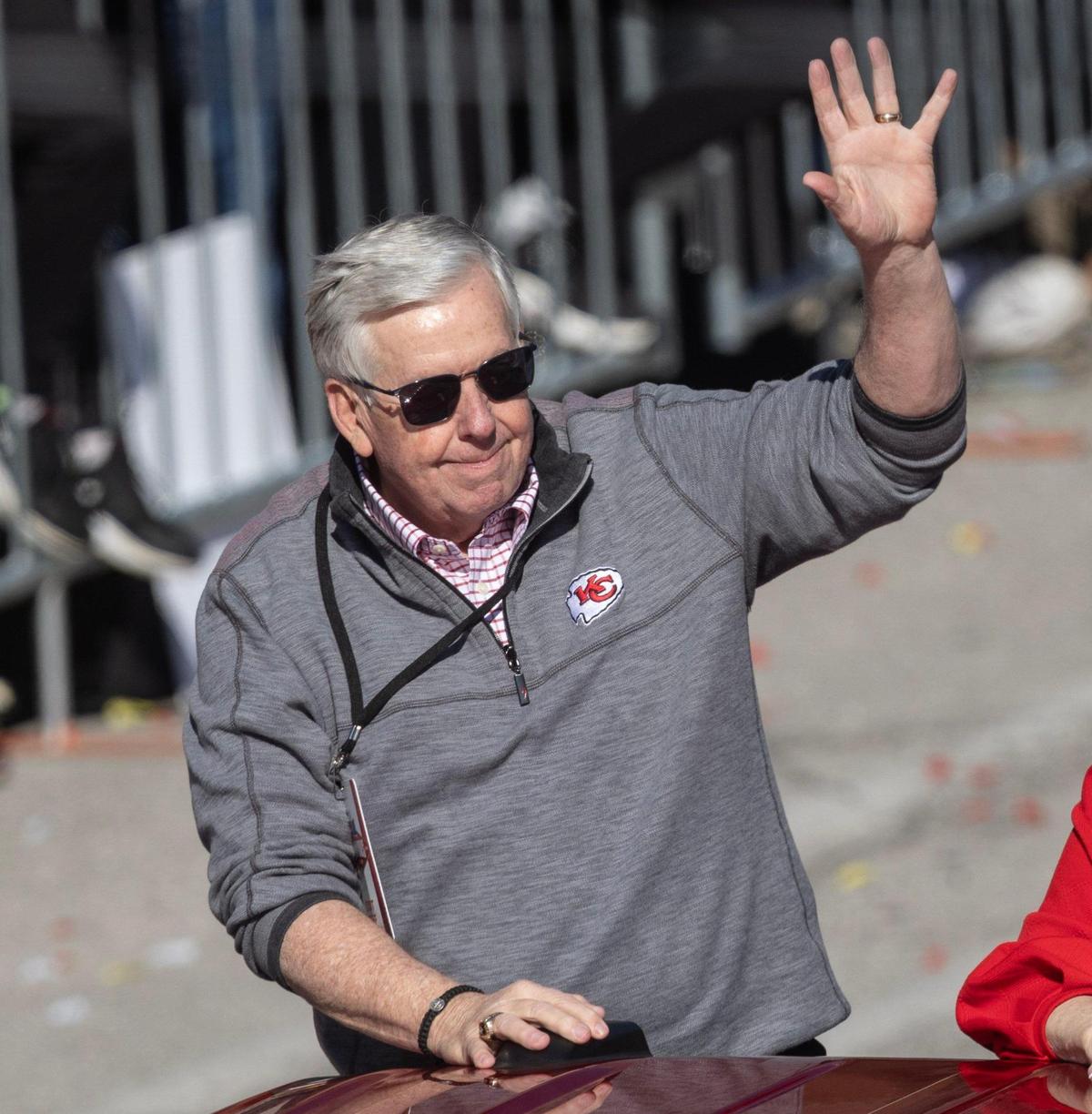 Missouri governor Mike Parson waves to the crowd during the Super Bowl parade on Wednesday.