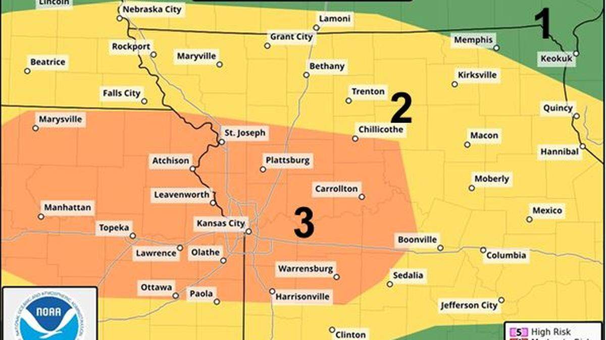 Hail the size of golf balls, or larger, and maybe a tornado or two will be possible as severe thunderstorms cut across the Kansas City area, according to the National Weather Service. Damaging winds and downpours that could create flash flooding is also possible.
